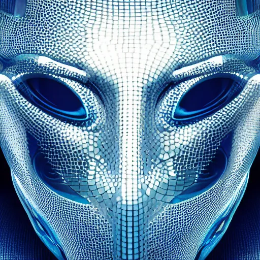 Image similar to an insanely detailed cibernetic artwork of a futuristic artificial intelligence superstar, extremely detailed water texture, centered image, perfectly symmetrical alien face, with frames made of detailed fractals, octane render, 4k, insanely detailed, detailed grid as background, cgi