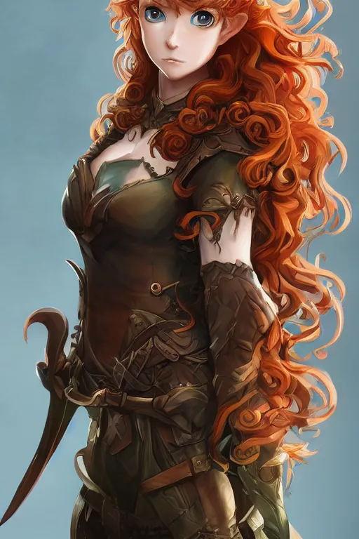 Image similar to A beautiful anime portrait of a curly haired redhead female elf, rpg ranger outfit, elven bow, by Stanley Artgerm Lau, WLOP, Rossdraws, James Jean, Andrei Riabovitchev, Marc Simonetti, and Sakimichan, tranding on artstation