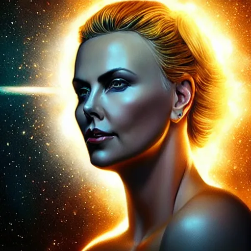 Image similar to “ seraphim deity charlize theron portrait, heavenly nebula space, atmospheric lighting, painted, intricate, volumetric lighting, beautiful, rich deep colours masterpiece, golden hour, sharp focus, ultra detailed, holographic art glowing soul emitting energy, by leesha hannigan, ross tran, thierry doizon, kai carpenter, ignacio fernandez rios ”