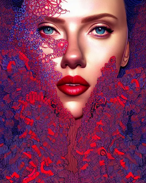 Image similar to highly detailed vfx portrait of scarlett johansson, red lipstick, global illumination, detailed and intricate environment by james jean and victo ngai and tristan eaton