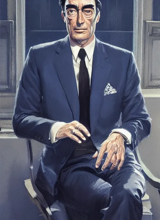 Image similar to full - length portrait of gregory peck, dressed in a navy blue suit with silver embroidered details, detailed face, fantasy, cinematic lighting, digital art painting, fine details by realistic shaded lighting poster by ilya kuvshinov katsuhiro otomo, magali villeneuve, artgerm, jeremy lipkin and michael garmash and rob rey