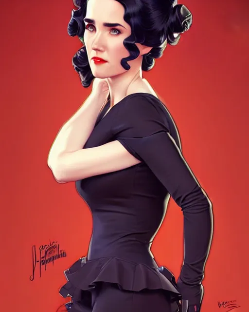 Image similar to a pin up and beautiful fashion charming dreamlke jennifer connelly, symmetrical face, symmetrical eyes, character art, art by artgerm lau and wlop and and ilya kuvshinov and john singer sargent, joshua middleton comic art