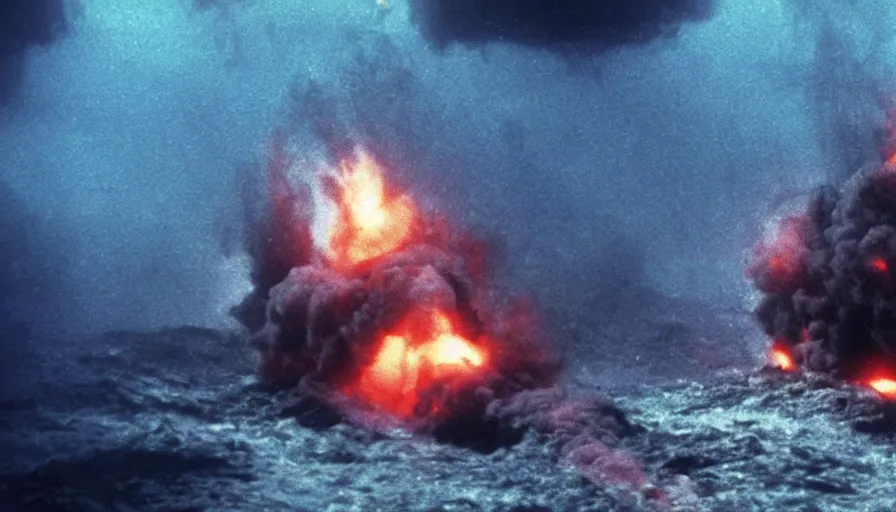 Image similar to Big budget horror movie, at the bottom of the ocean, a submarine explodes