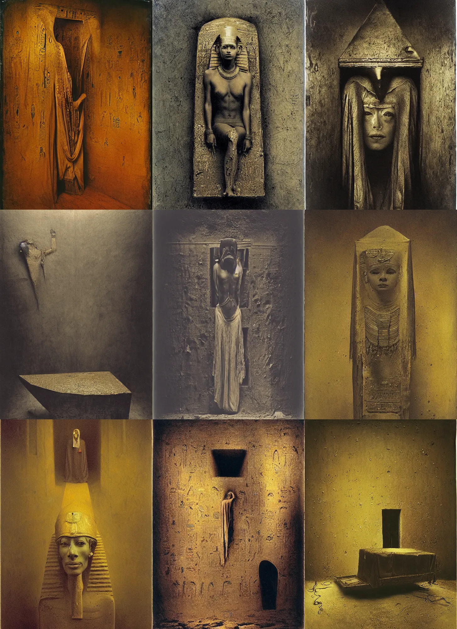 Prompt: wet plate photography egyptian ghost golden coffin, orientalism, beksinski