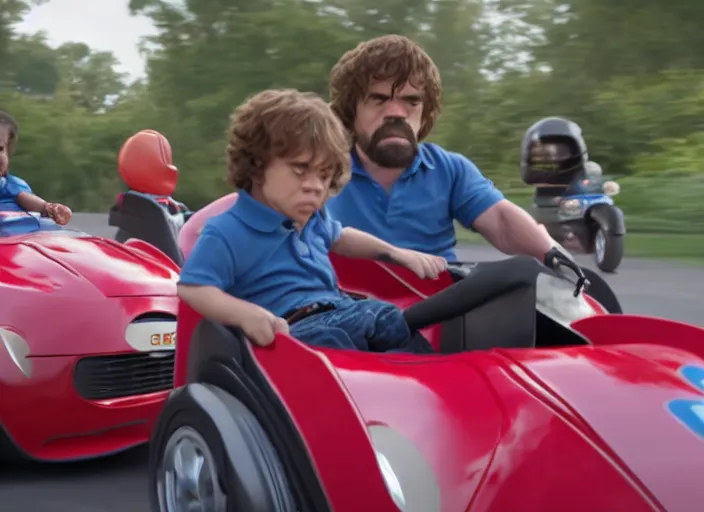 Image similar to peter dinklage racing gary coleman driving a little tikes cars, movie still, from the new fast and furious movie, 8 k, realistic