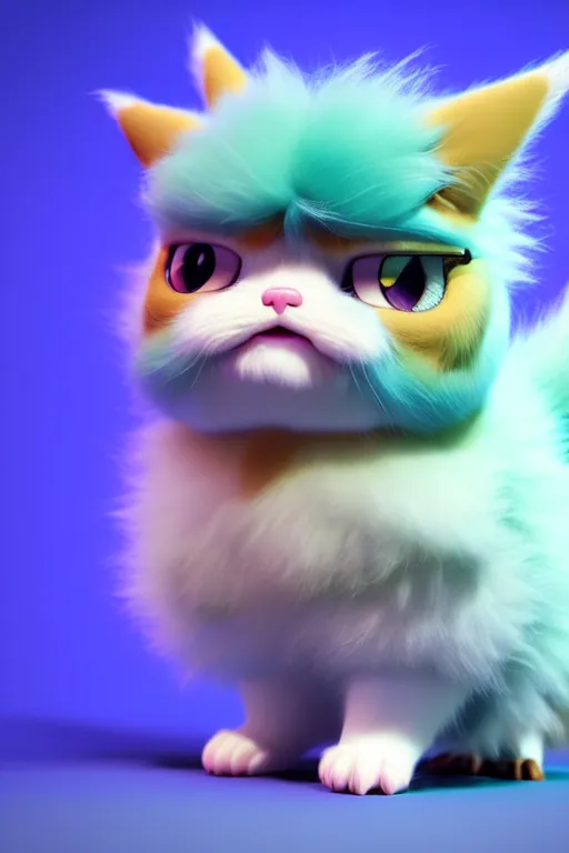 Image similar to high quality 3 d render hyperrealist very cute multipastel fluffy! grumpy griffin cat hybrid with detailed fluffy wings!, vray smooth, in the style of detective pikachu, hannah yata charlie immer, dramatic blue light, low angle, uhd 8 k, sharp focus