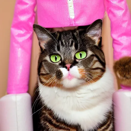 Prompt: high quality photograph of a cat wearing barbie clothes