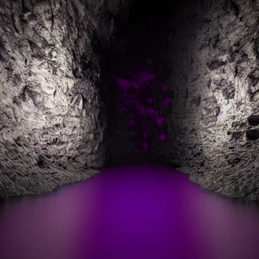 Prompt: purple fluid dripping down black spikes in a dark cave with a single lit torch, cinematic lighting, 8k render, ultra HD,