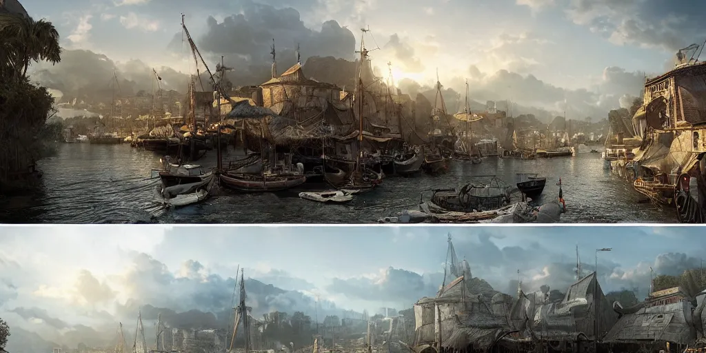 Image similar to beautiful matte painting of a port village by weta workshop 8 k, cinematic dramatic atmosphere, dramatic lighting