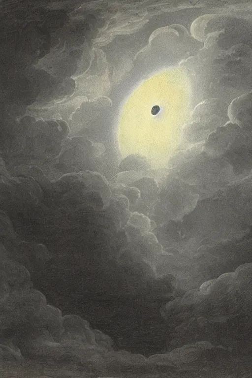 Image similar to a striking beautiful black stormy and cloudy sky with the halo of a black hole shining through, eclipse by michele marieschi, italian 1 7 1 0 - 1 7 4 3