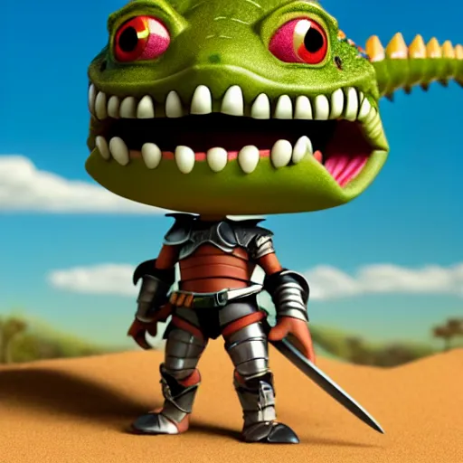 Image similar to antropomorphic medieval knight crocodile warrior as nendoroid walking in a desert in the croods movie style, anime, disney, pixar, 8 k, hd, dof, kodak film, volumetric lighting, subsurface scattering, photorealistic, octane render, details