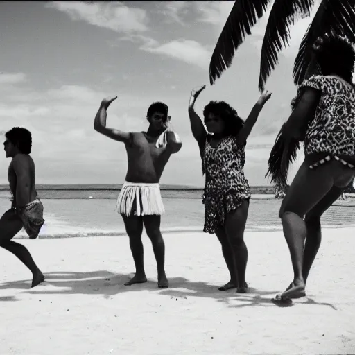 Prompt: samoan hippies from the 6 0 s dancing around a beach, nostalgic, sunny, coconut trees in the background, film, cinematic, kodak film, 3 5 mm, 8 k, 4 k