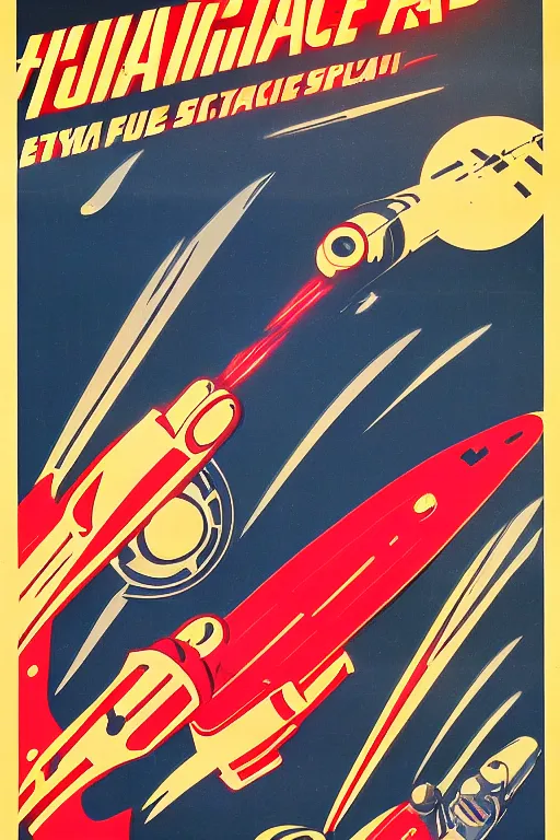 Image similar to propaganda poster of futuristic space race, 1 9 5 0 s style, futuristic design, dark, symmetrical, washed out color, centered, art deco, 1 9 5 0's futuristic, glowing highlights, intense