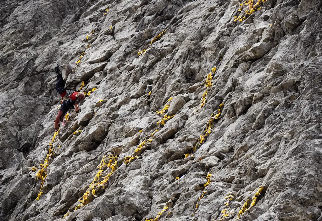 Prompt: telelens shot of a mountain climber free soloing a very steep mountain made up entirely out of french fries, sports photo,