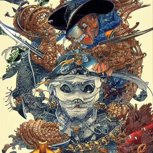 Image similar to portrait of crazy pirate with fishes around, symmetrical, by yoichi hatakenaka, masamune shirow, josan gonzales and dan mumford, ayami kojima, takato yamamoto, barclay shaw, karol bak, yukito kishiro