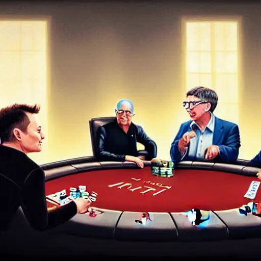 Prompt: UHD photorealistic Elon Musk playing poker with Satoshi Nakamoto, Klaus Schwab, and Bill Gates, hyperrealistic, correct details, studio lighting, symmetrical faces, accurate faces, by Greg Rutkowski