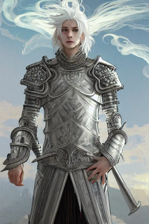 Image similar to portrait white hair knights of Zodiac boy, Sliver ice color reflected armor, in ruined Agora of Athens Sunrise, ssci-fi and fantasy, intricate and very very beautiful and elegant, highly detailed, Frostbite Engine, digital painting, artstation, concept art, smooth and sharp focus, illustration, art by tian zi and WLOP and alphonse mucha