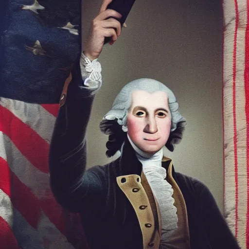 Prompt: high-quality selfie taken by a toddler that looks a lot like george washington