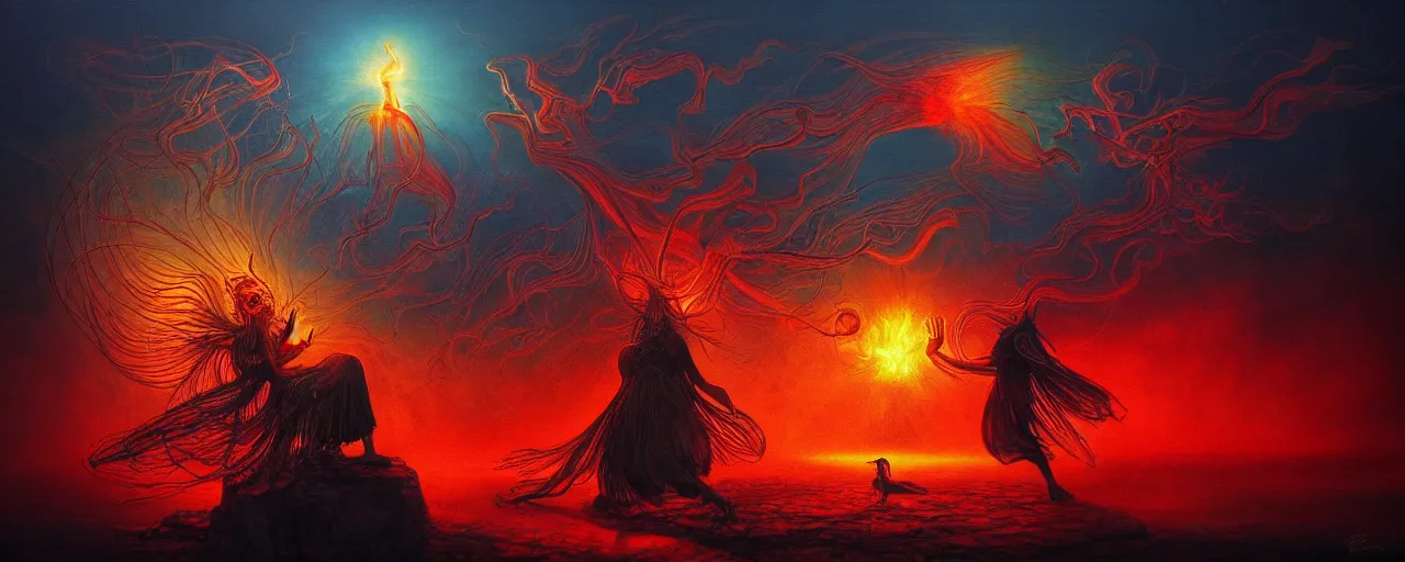 Image similar to personified emotion and thought creatures repressed in the depths unconscious of the psyche lead by baba yaga, about to rip through and escape in a extraordinary revolution, dramatic fiery lighting, surreal painting by ronny khalil