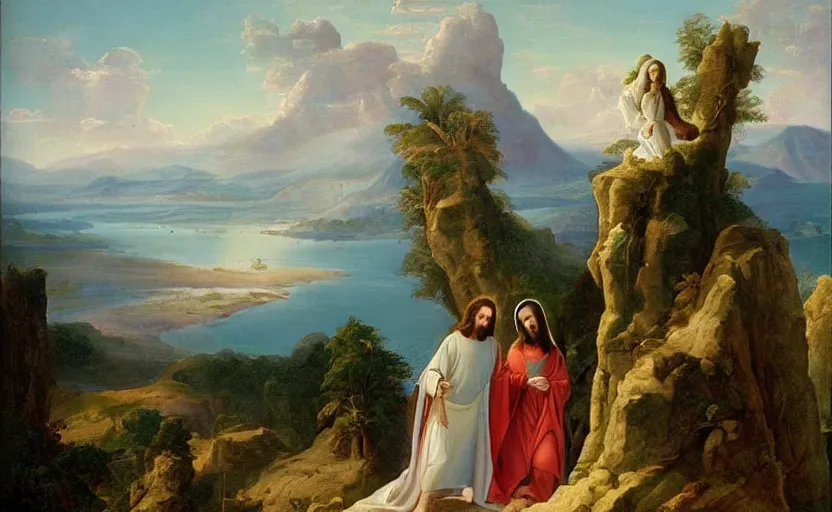 Prompt: jesus and mary magdalene standing on a cliff looking over a beautiful landscape, paradise