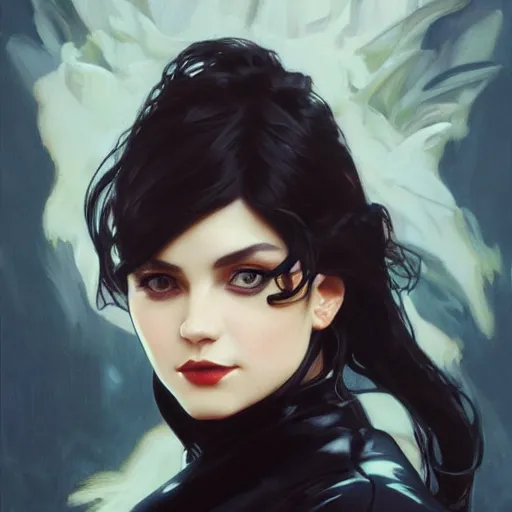Image similar to oil painting of evil grumpy dark haired women, cameraflash portrait by ilya kuvshinov, artgerm, alphonse mucha, and greg rutkowski, wearing black coat, black makeup, ice mage, shooting ice, fantasy artwork, fantastic artwork, 4 k, trending on artstation