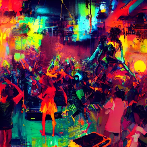 Prompt: artist impression of a vibrant, wonderfull techno party, bright vibrant colors, utopia, by by greg rutkowski, by jeremy mann, by francoise nielly