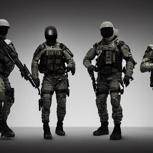 Prompt: five special forces agents wearing body armor and assault rifles looking tough and cool, intricate, hyper detailed, accent lighting, dramatic light, 4 k octane render