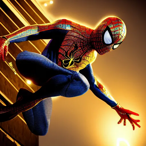 Image similar to gold spider - man suit with black web lining, cinematic, volumetric lighting, realistic, hyperdetailed, photorealistic, photograph