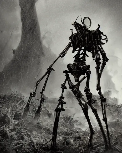 Image similar to a dramatic shot of a tall skinny biomechanical mech made of bones and obsidian with cyber muscles and insect parts and pale skin fighting a world war one soldier in eerie trenches of verdun at night while it's raining