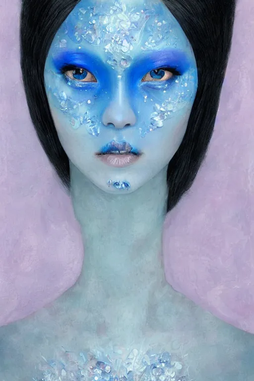 Image similar to beautiful medieval woman's fractured face blended with blue crystallic flowers jacky tsai style, pale skin, make up, acrylic on canvas