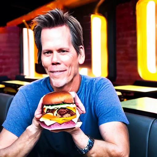 Image similar to kevin bacon portrait eating bacon burger soda fries, award winning food photography