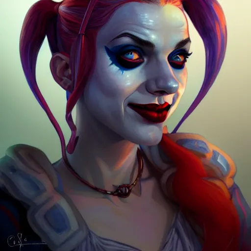 Prompt: Character Portrait of Harley Quinn, face, fantasy, intricate, elegant, highly detailed, digital painting, artstation, concept art, smooth, sharp focus, illustration, art by Cynthia Shephard and Fernanda Suarez and Artem Demura and alphonse mucha