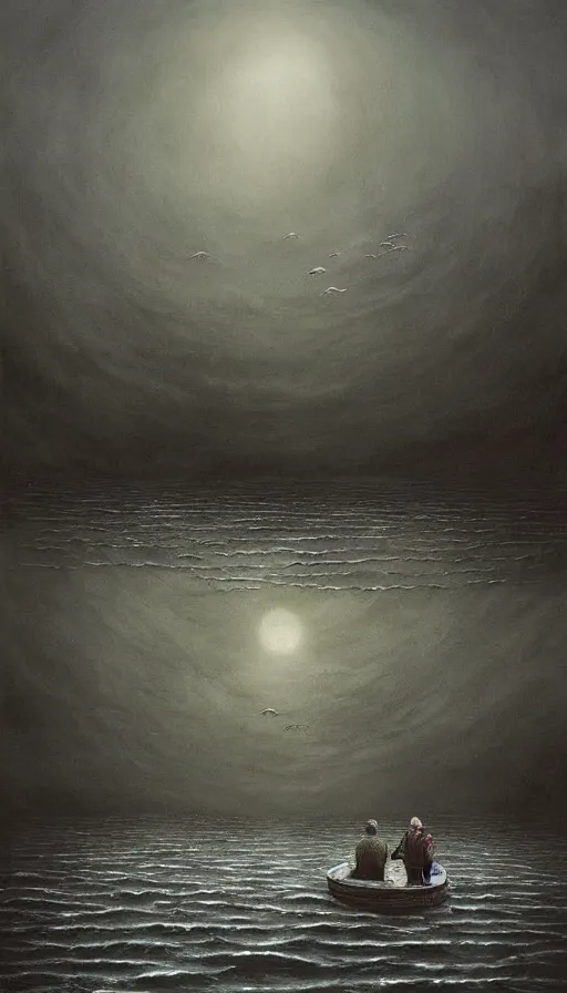 Prompt: man on boat crossing a body of water in hell with creatures in the water, sea of souls, by lee madgwick