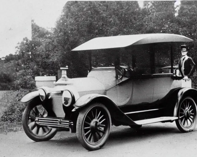 Image similar to 1 9 2 0 s photo of a person standing next to a tesla car