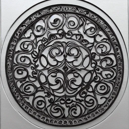 Prompt: an scrollwork engraving by sam alfano and russ abbott