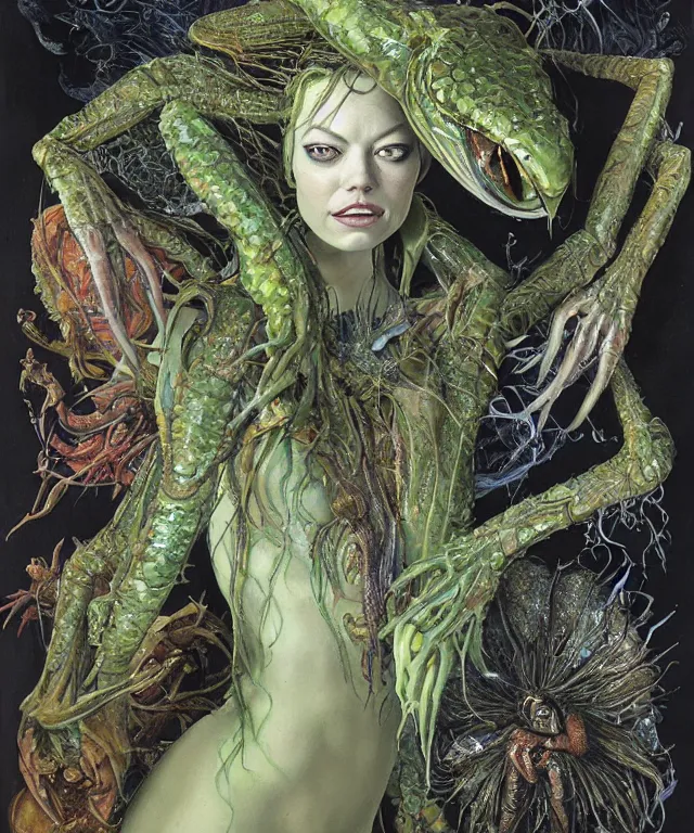 Prompt: a portrait photograph of a fierce emma stone as an alien harpy queen with slimy amphibian skin. she is trying on evil bulbous slimy organic membrane fetish fashion and transforming into a fiery succubus amphibian mantis. by donato giancola, walton ford, ernst haeckel, brian froud, hr giger. 8 k, cgsociety