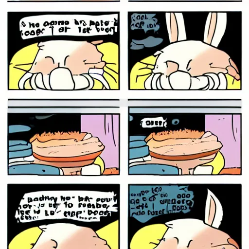 Prompt: a 4 panel comic about a rabbit that tries to bake a cake but runs out of eggs