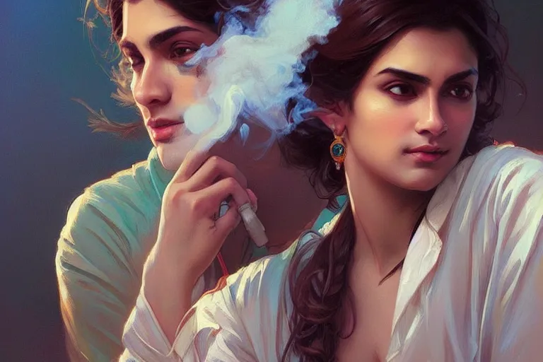 Prompt: Anxious good looking pale young Indian doctors smoking, portrait, elegant, intricate, digital painting, artstation, concept art, smooth, sharp focus, illustration, art by artgerm and greg rutkowski and alphonse mucha