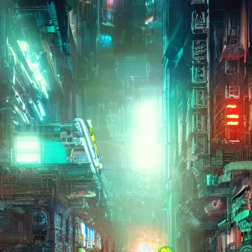 Image similar to extremely detailed realistic digital art render of a ciberpunk mayan robot in a cyberpunk city by night by James Jean y craig mullins street view render in unreal engine, ArtStation, CGSociety