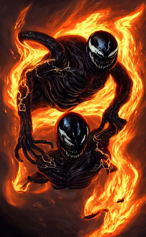 Image similar to venom as ghost rider, dynamic lighting, photorealistic fantasy concept art, trending on art station, stunning visuals, terrifying, creative, cinematic