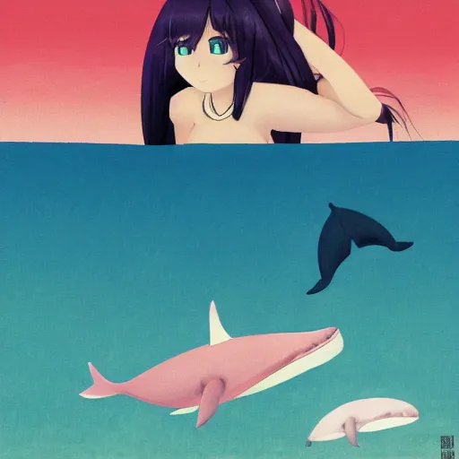 Image similar to a woman in a bikini top and skirt standing next to a whale, a character portrait by Jin Homura, featured on pixiv, mingei, booru, official art, pixiv