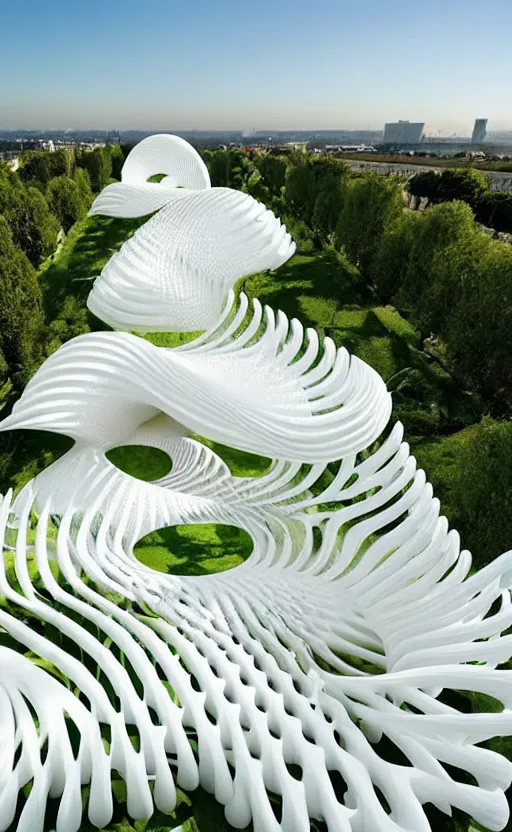 Image similar to elegant white art 3 d printed parametric installation with playful surreal tall lemon groves, beautiful sunny day, fluidity, vincent callebaut, mamou - mani, innovative voronoi pavilion with huge white magnolias above