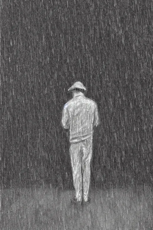 Image similar to a drawn man standing in the rain