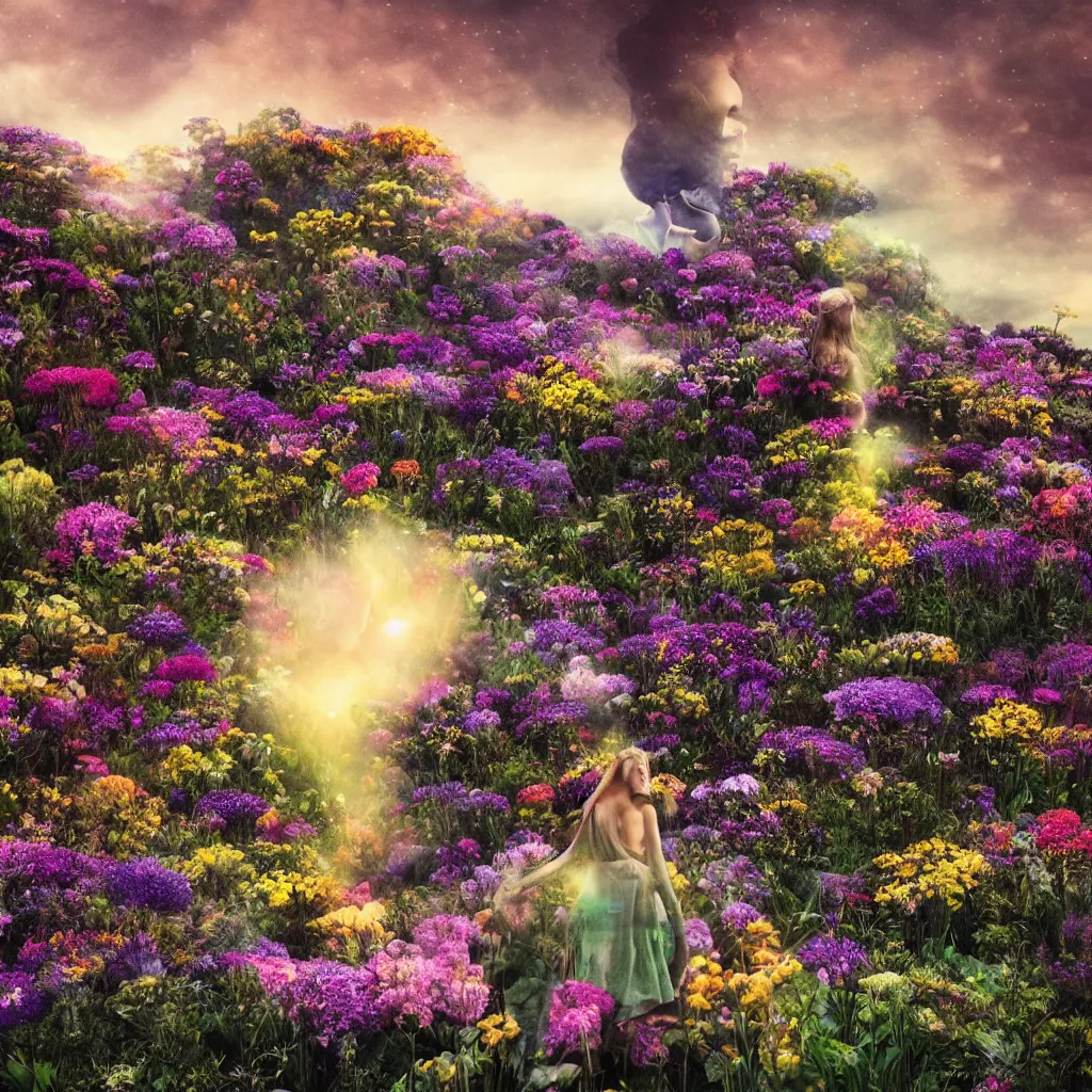 Image similar to a planet of various flowers, fungus and plants, in which the human figure is dressed in something magical and impressive, inside the picture is infinity, sunset light, Atmospheric phenomenon, artistic photography, muted colors, conceptual, long exposure outside the city