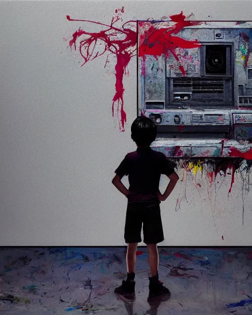 Prompt: an 8 years old enlightened and scared boy standing in front of an old computer with a game doom2 at the monitor screen painted by Adrian Ghenie and Willem de Kooning and Cy Twombly, still from a 2021 movie by James Cameron. expressive acrylic flowing smudged painting