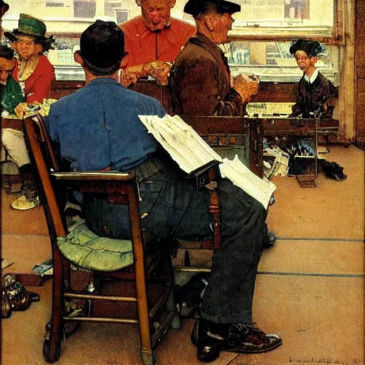 Image similar to A seated man waiting to be bought in a store. Painting by Norman Rockwell.