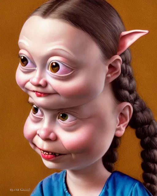 Image similar to highly detailed closeup, face profile portrait of a tin toy greta thunberg as a medieval goblin eating cakes in a castle, hyper realistic, artstation, illustration, nicoletta ceccoli, mark ryden, lostfish, dan decarlo, bob clampett, max fleischer, digital paint, matte paint, vivid colors, detailed and intricate environment