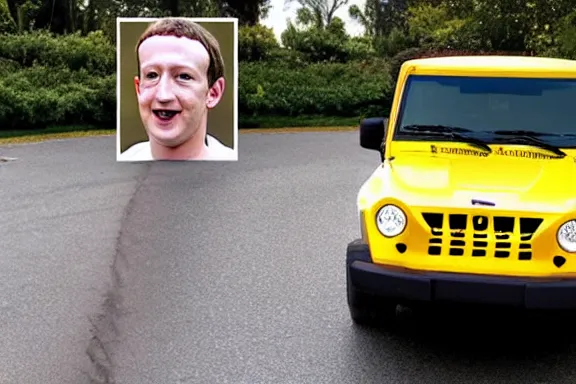 Image similar to a full shot of mark zuckerberg laying on the front of a yellow jeep in someone's driveway