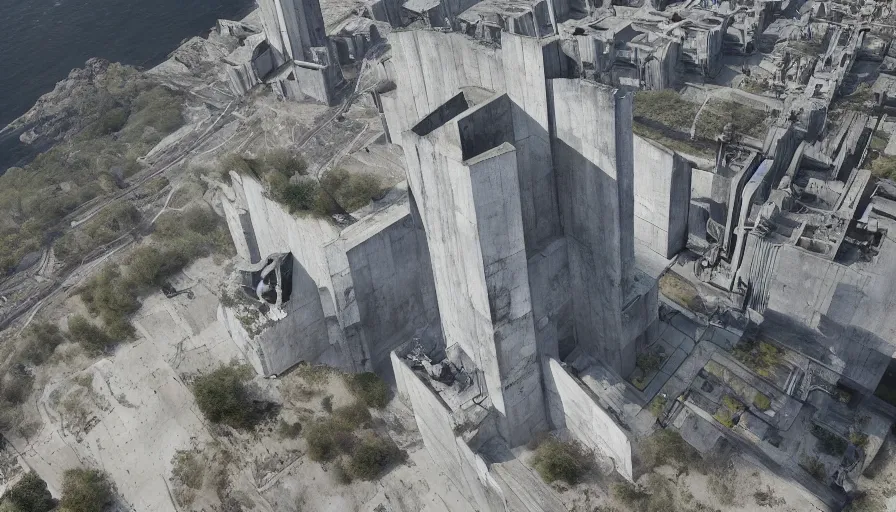 Image similar to big brutalist imperial military base on cliffs, drawing architecture, very long shot, top angle, imperial architecture in rogue one, pritzker architecture prize, brutalism architecture, jan urschel, greig fraser