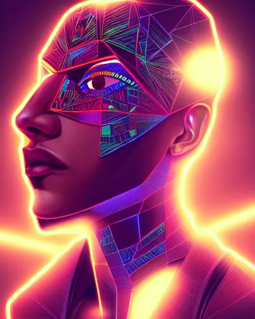 Image similar to symmetry!! egyptian prince of technology, solid cube of light, hard edges, product render retro - futuristic poster scifi, lasers and neon circuits, brown skin man egyptian prince, intricate, elegant, highly detailed, digital painting, artstation, concept art, smooth, sharp focus, illustration, dreamlike, art by artgerm